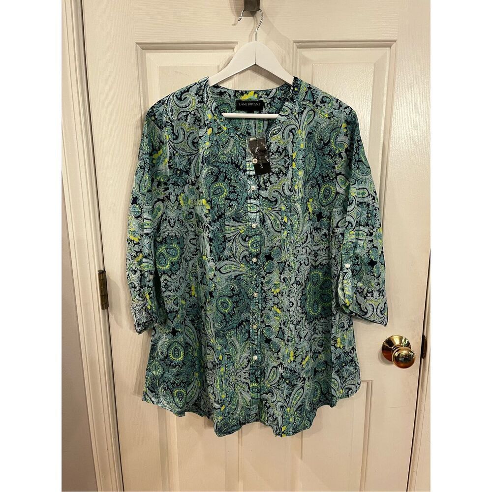 Lane Bryant Blue & Neon Green Paisley Roll Tab Sleeve Tunic Blouse sz 18/20 NWT